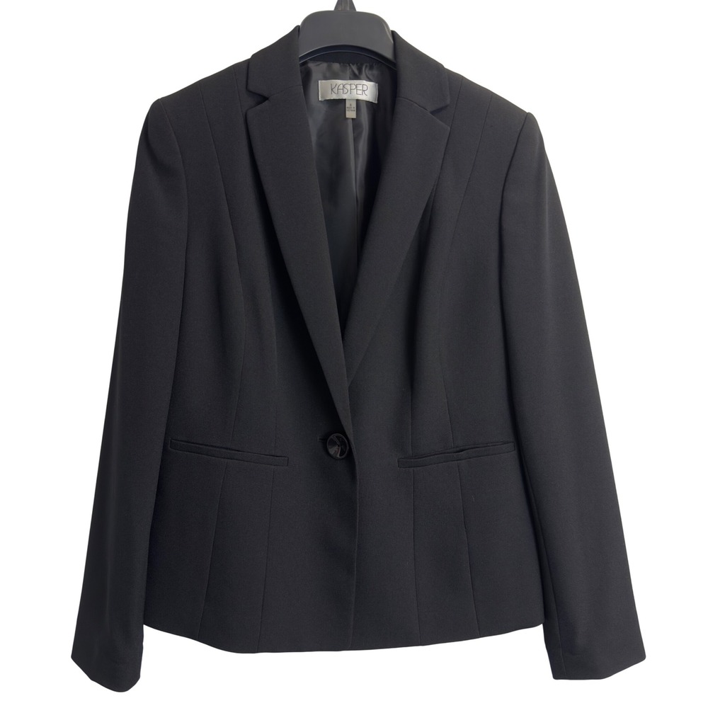 Kasper Womens Black Single Button Tailored Blazer Jacket Size 6 Pockets